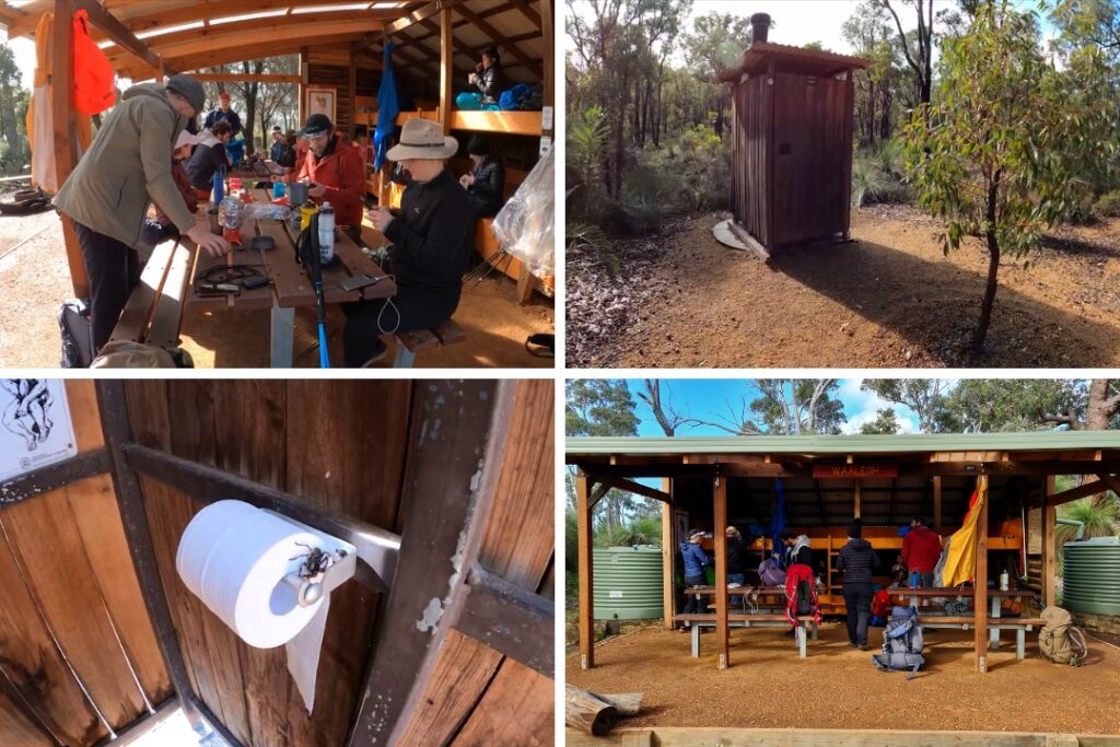 4 images: hikers at a picnic table, outdoor toilet, hikers at an outdoor sleeping hut, spider on toilet paper. 