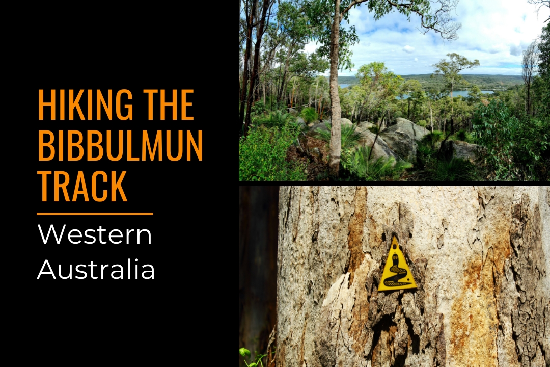 Text reads: Hiking the Bibbulmun Track Western Australia. Image of trees and rocks with a lake in the distance. Another image of a hiking trail marker on a tree at the Bibbulmun Track. The trail marker is a snake on a yellow triangle.  